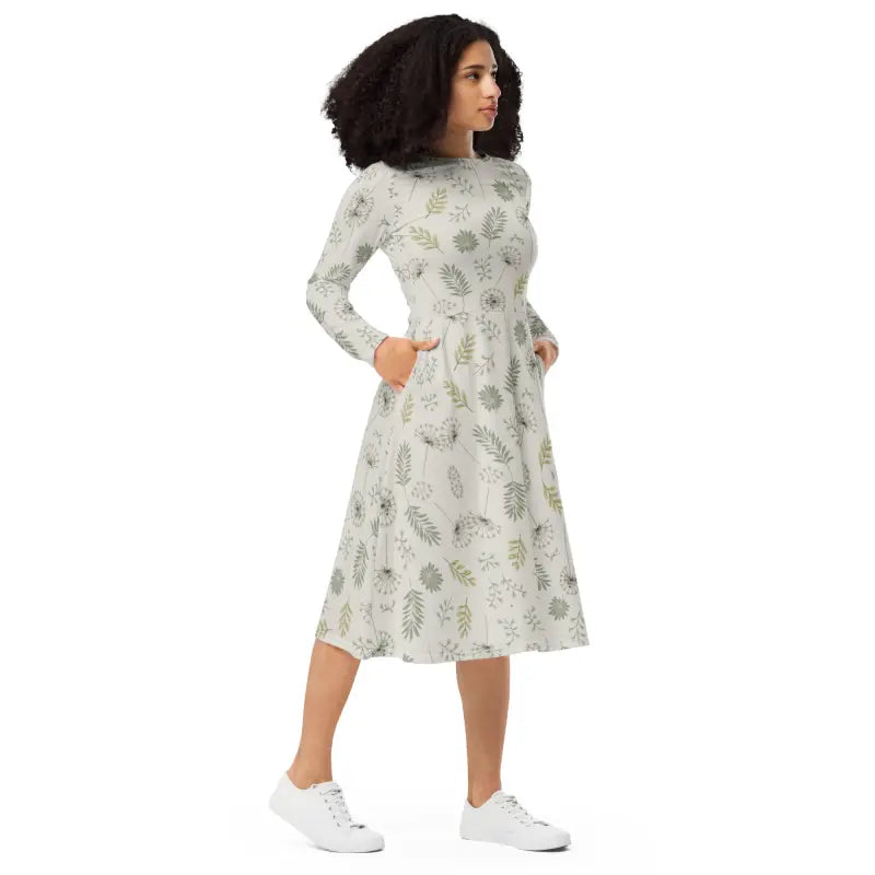 Long Sleeve Midi Dress - Dandelion Print Design - DipaliZ