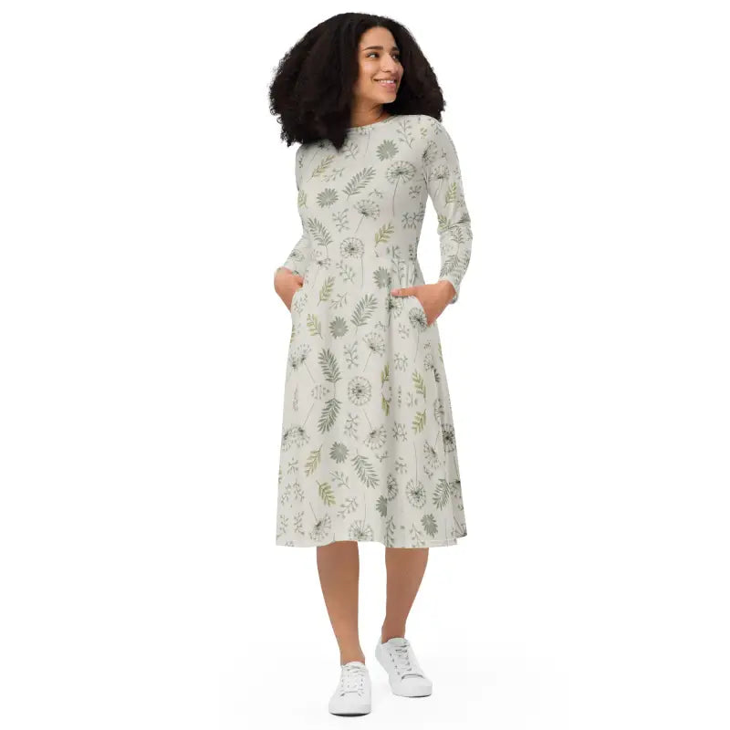 Long Sleeve Midi Dress - Dandelion Print Design - DipaliZ