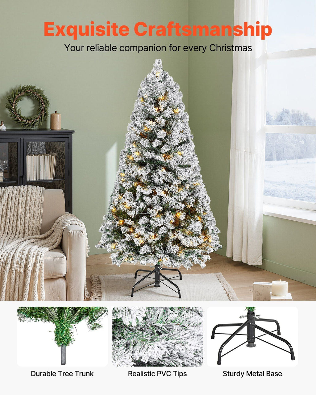 VEVOR Christmas Tree, 4ft Prelit Flocked Artificial Tree, Full Holiday Xmas Deco Trees with 120 Warm White LED Lights, 8 Lighting Modes & 539 Branch Tips for Home Party Office Decoration