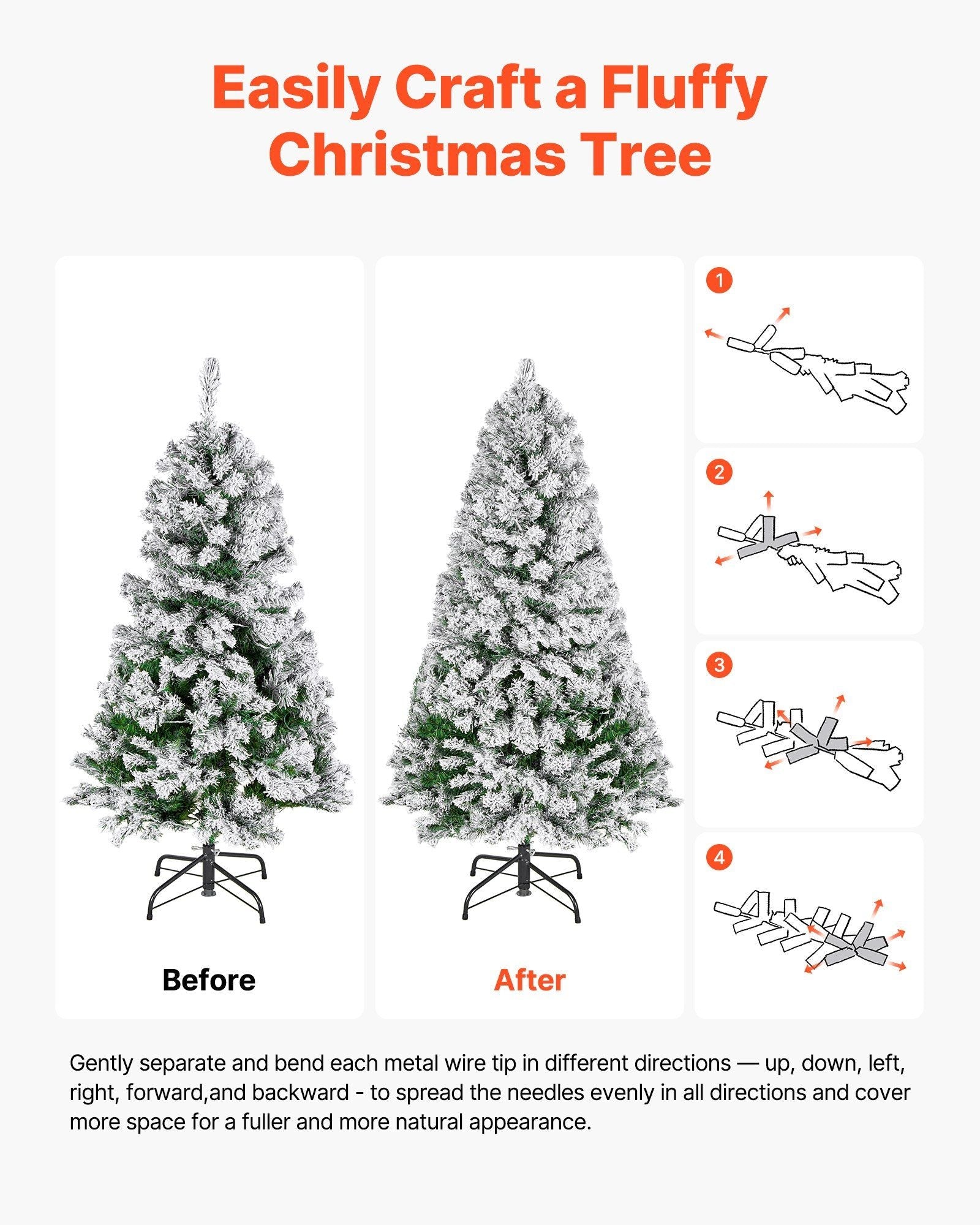 VEVOR Christmas Tree, 4ft Prelit Flocked Artificial Tree, Full Holiday Xmas Deco Trees with 120 Warm White LED Lights, 8 Lighting Modes & 539 Branch Tips for Home Party Office Decoration