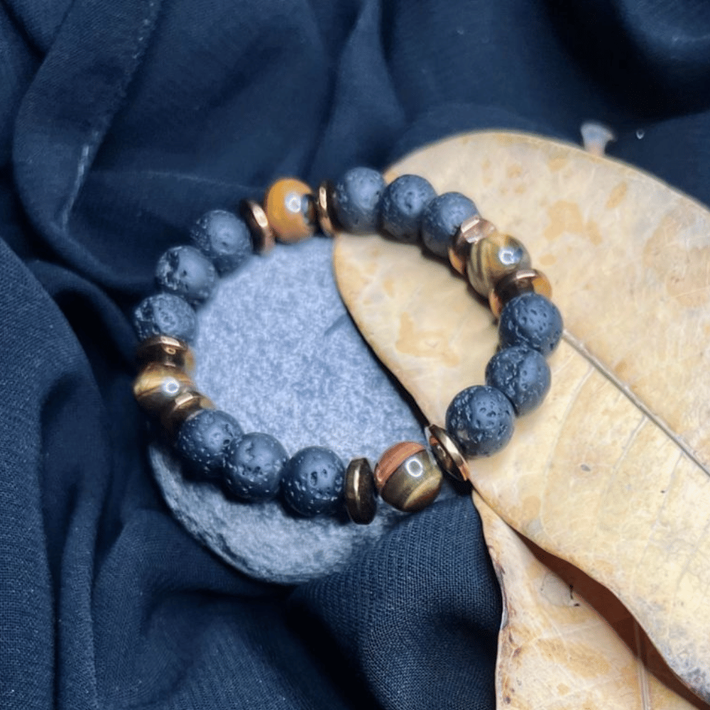 Black Lava & Tiger Eye Stone Bracelet – Men's Healing Energy Beaded Jewelry with Copper Spacer – Grounding & Confidence Boost – Natural Gemstone Bracelet for Him or Her