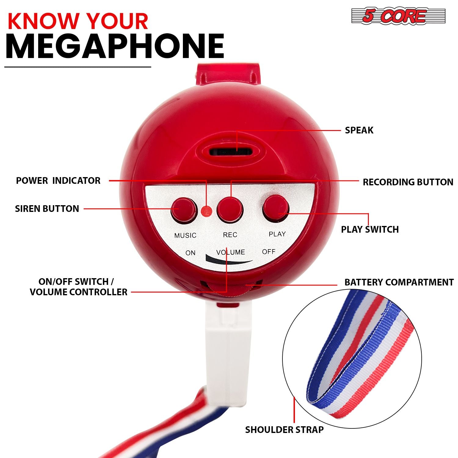 5Core Megaphone 15W Bull Horn Kids PA Speaker w 400 Yards Range Siren Lightweight Loud Mini Megafono