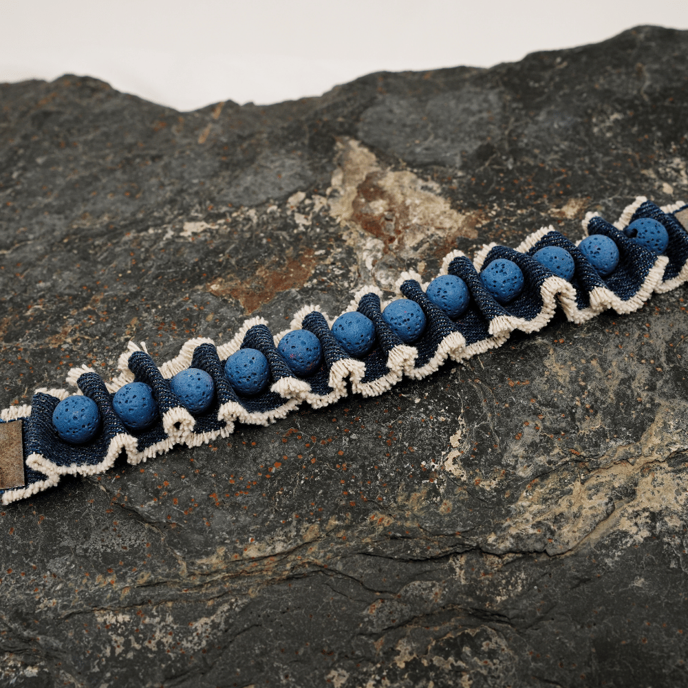 Handmade Bracelet, Denim Fabric and Blue Lava Stone Bracelet – 7.25″ (18.4 cm) with 1″ Wide Band and 10 mm Lava stone Beads