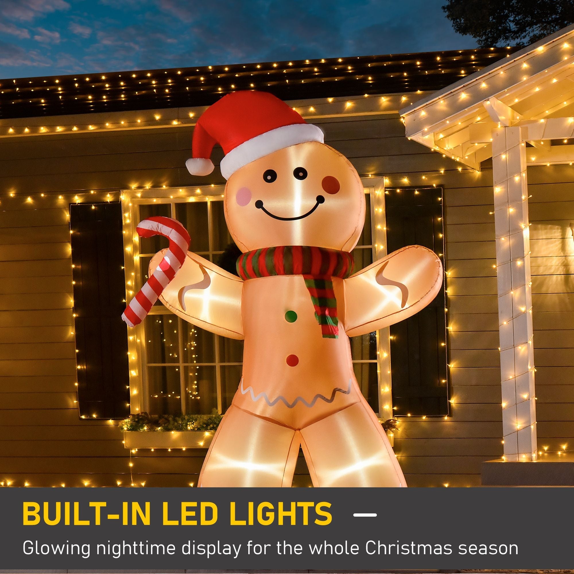 HOMCOM 8ft Christmas Inflatable Gingerbread Man with a Candy Cane, Outdoor Blow-Up Yard Decoration with LED Lights Display