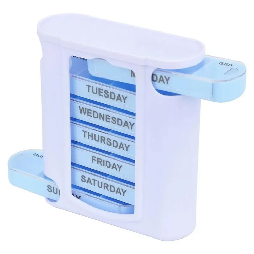 Weekly Pill Organizer with 28 Compartments - Detachable, Sealed Medicine Storage Box for Pills & Candy - White/Blue