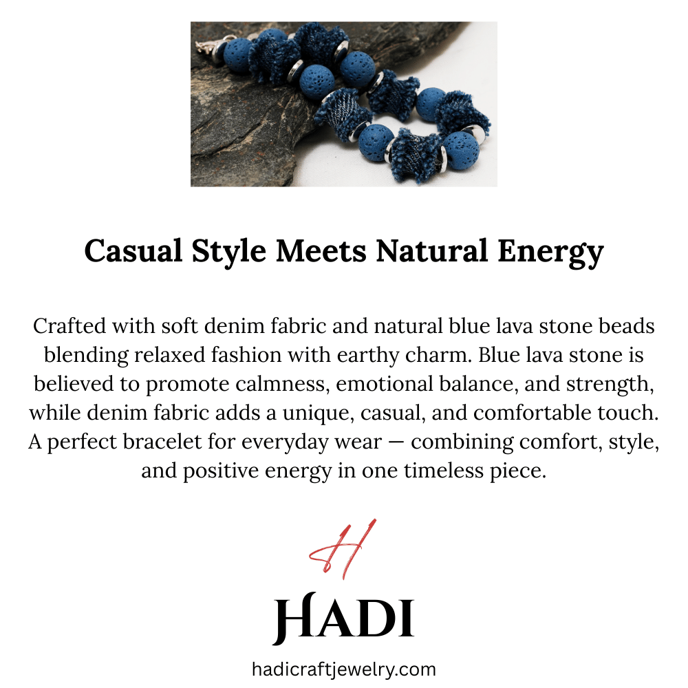 Handmade Bracelet, Denim Fabric and Blue Lava Stone Bracelet – 7.25″ (18.4 cm) with 1″ Wide Band and 10 mm Lava stone Beads