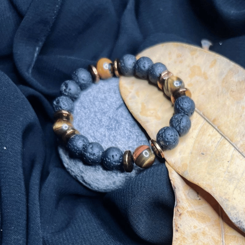 Black Lava & Tiger Eye Stone Bracelet – Men's Healing Energy Beaded Jewelry with Copper Spacer – Grounding & Confidence Boost – Natural Gemstone Bracelet for Him or Her
