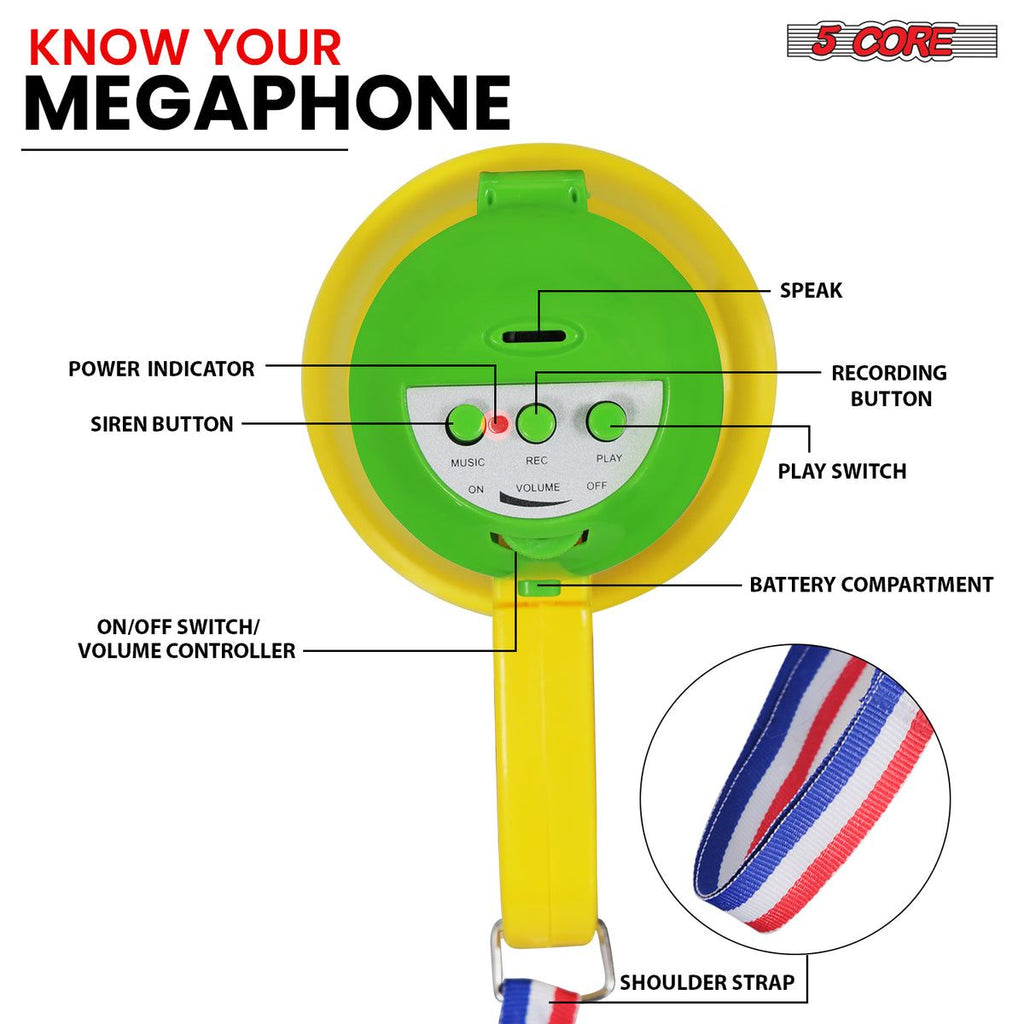 5Core Megaphone 15W Bull Horn Kids PA Speaker w 400 Yards Range Siren Lightweight Loud Mini Megafono