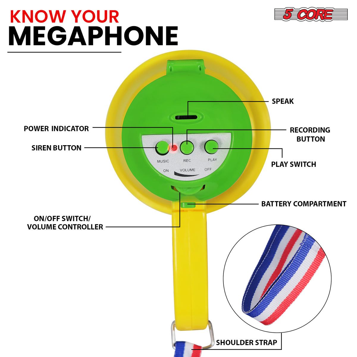 5Core Megaphone 15W Bull Horn Kids PA Speaker w 400 Yards Range Siren Lightweight Loud Mini Megafono