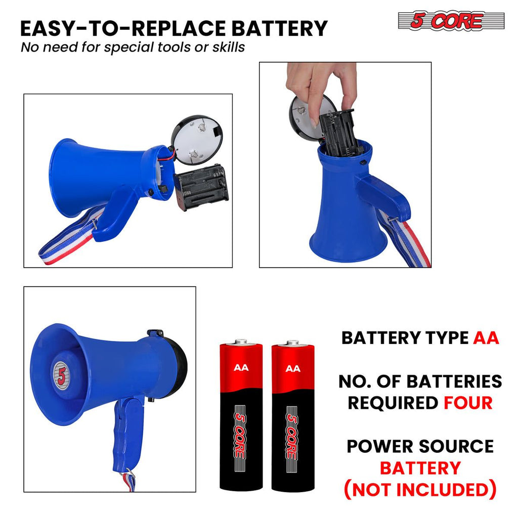 5Core Megaphone 15W Bull Horn Kids PA Speaker w 400 Yards Range Siren Lightweight Loud Mini Megafono