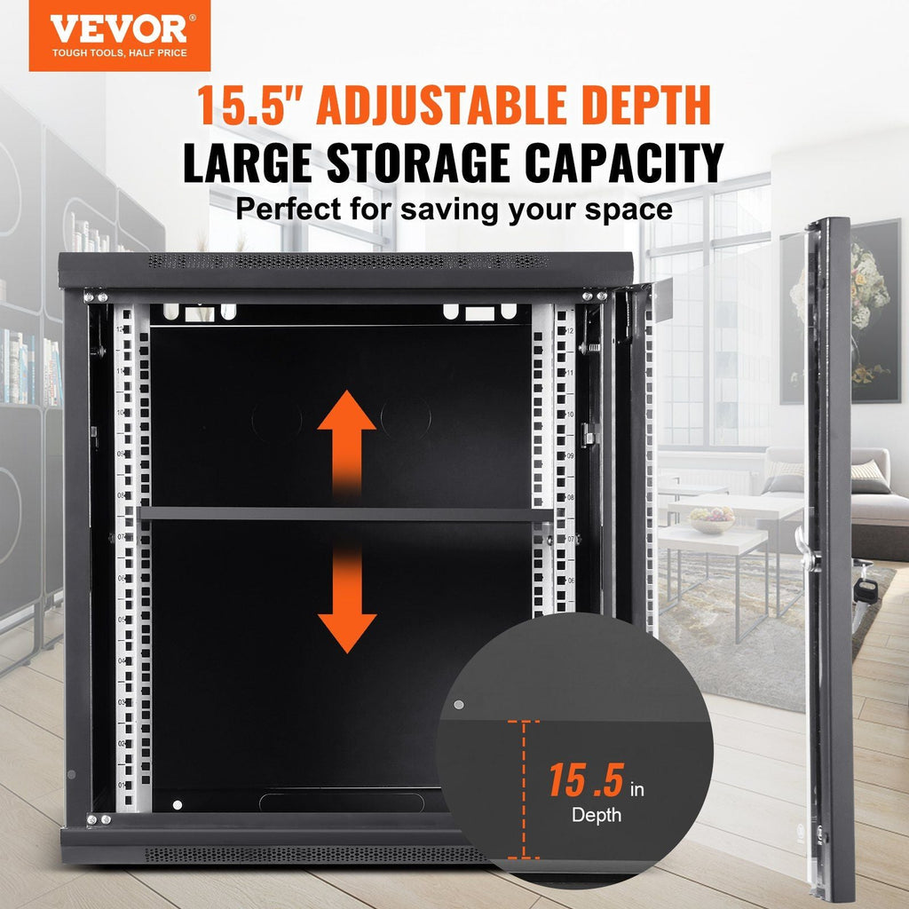 12U Wall-Mounted Server Network Cabinet, 15.5'' Depth, Secure Rack Enclosure, Supports up to 200 lbs, Lockable Glass Door & Sides, Ideal for IT & A/V Gear