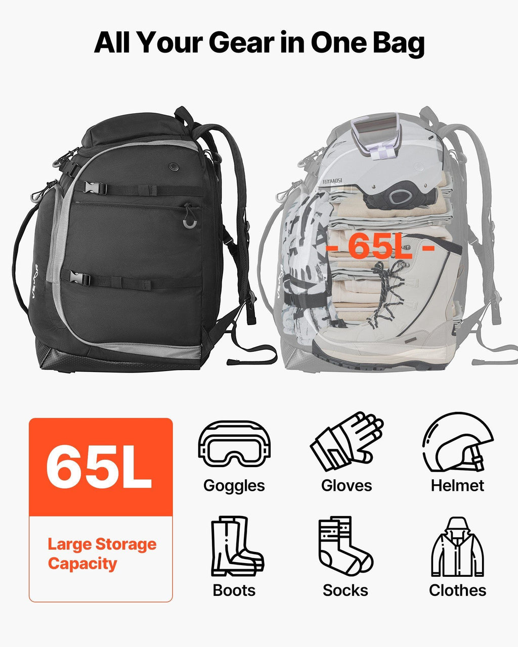 Ski Boot Bag Snowboard Boots Travel Backpack 55L Waterproof Oxford Black