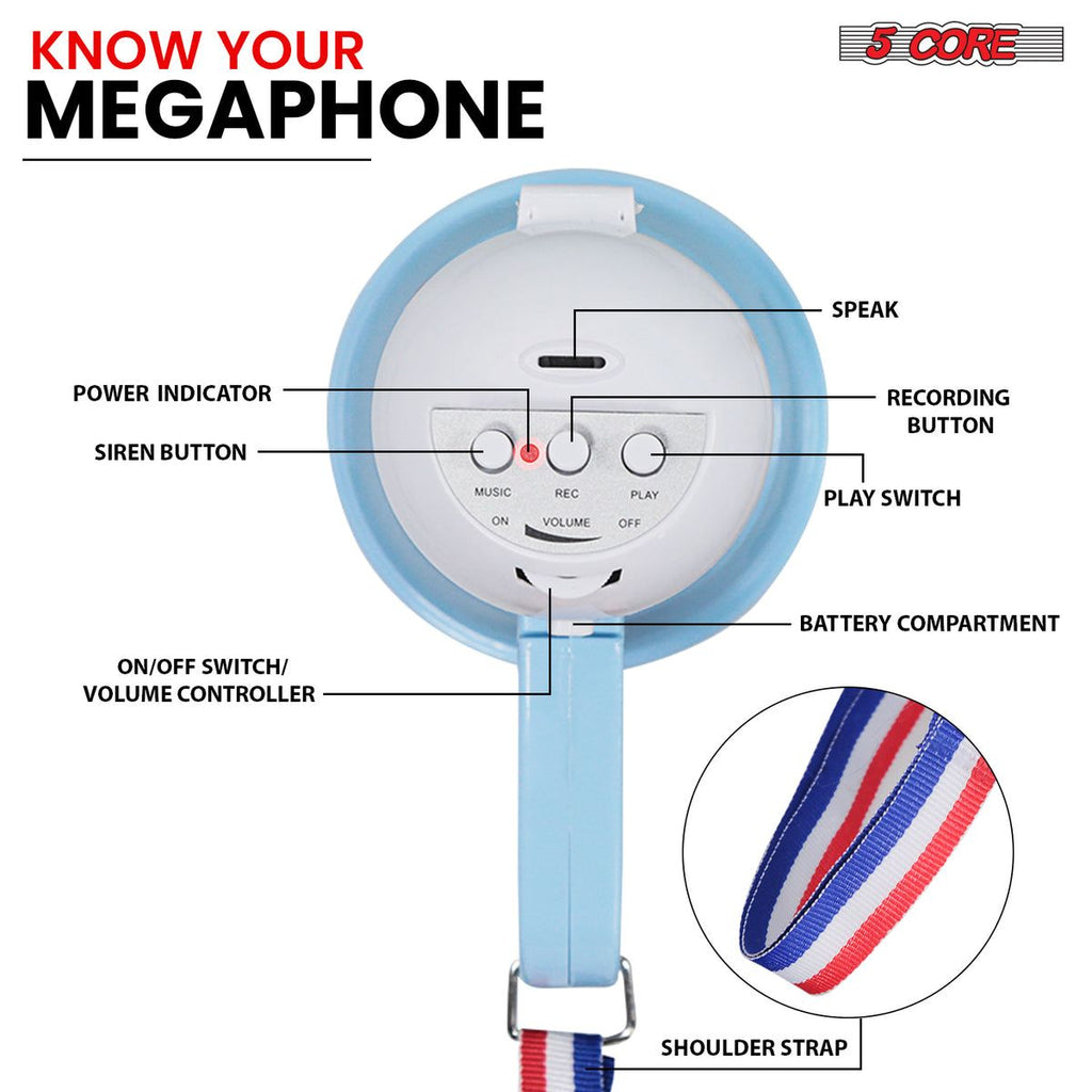 5Core Megaphone 15W Bull Horn Kids PA Speaker w 400 Yards Range Siren Lightweight Loud Mini Megafono