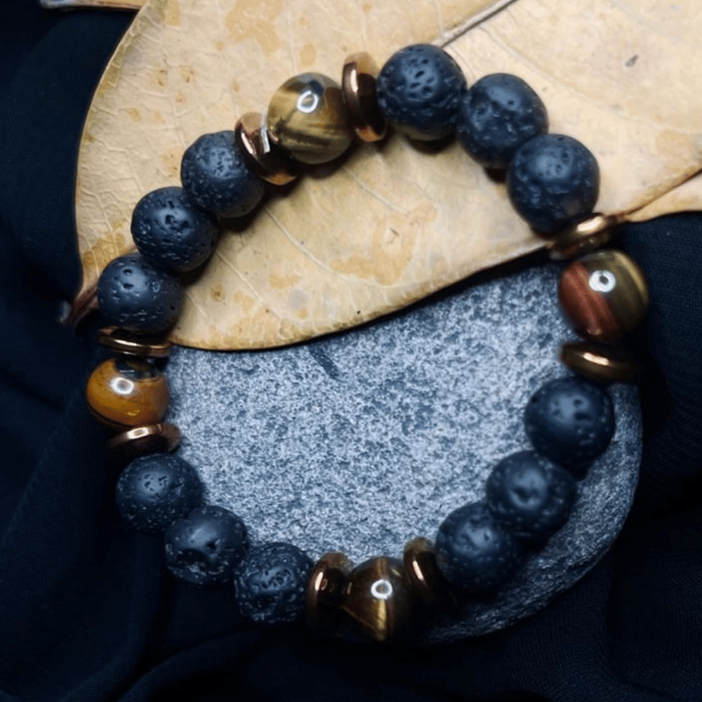 Black Lava & Tiger Eye Stone Bracelet – Men's Healing Energy Beaded Jewelry with Copper Spacer – Grounding & Confidence Boost – Natural Gemstone Bracelet for Him or Her