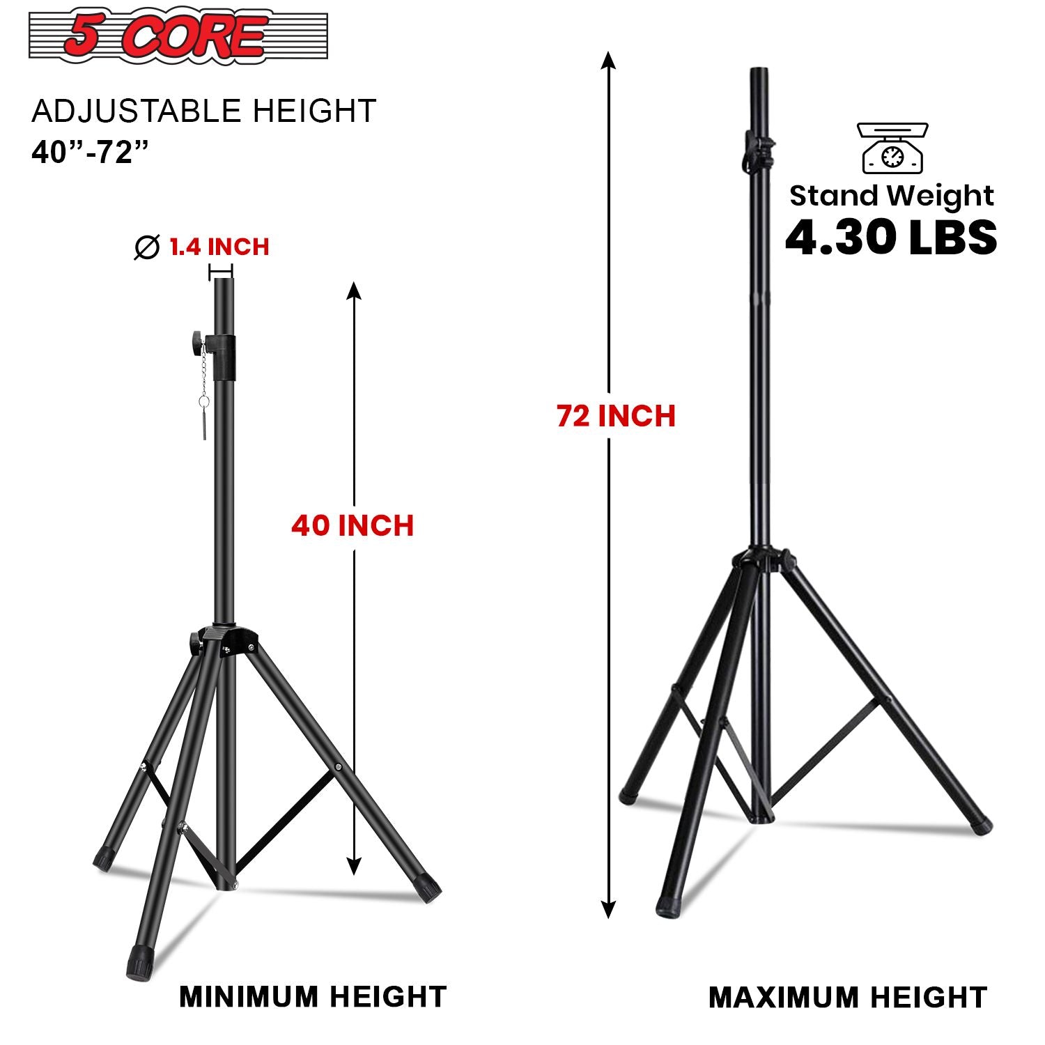 5 Core Speaker Stand Height Adjustable PA DJ Tripod Studio Monitor Stands w 35mm Compatible Insert - SS ECO 1PK BLK WoB
