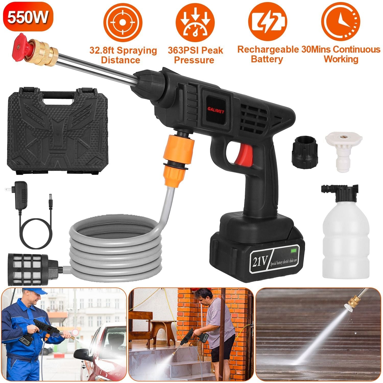 Cordless Pressure Washer Portable Electric Power Washer High Pressure Water Sprayer 363PSI Car Washer Cleaner with 12000mAh 21V Rechargeable Battery and Charger 2 Nozzles