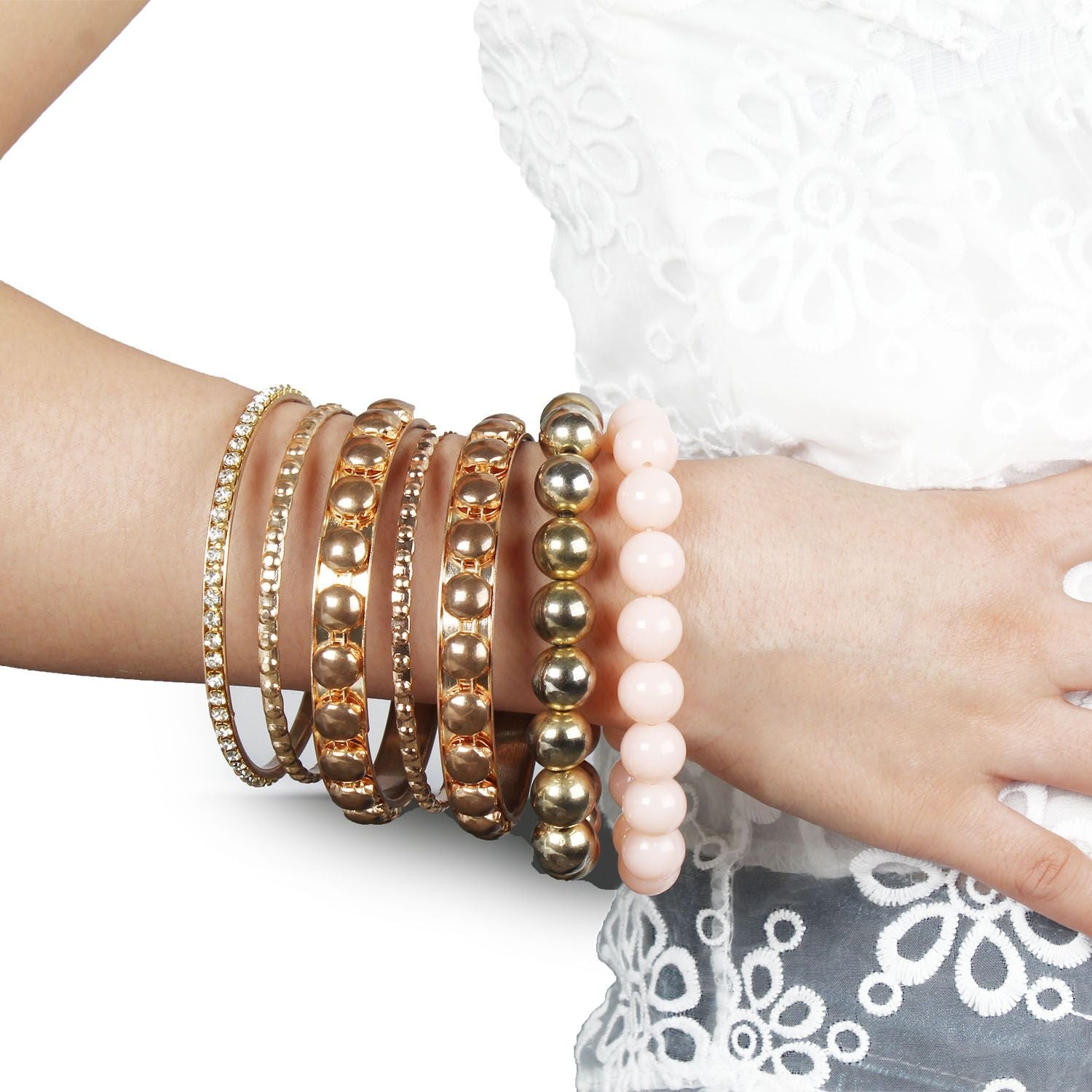 7-Piece Retro Burnished Gold Inlaid Rhinestones Bangle Bracelet Set