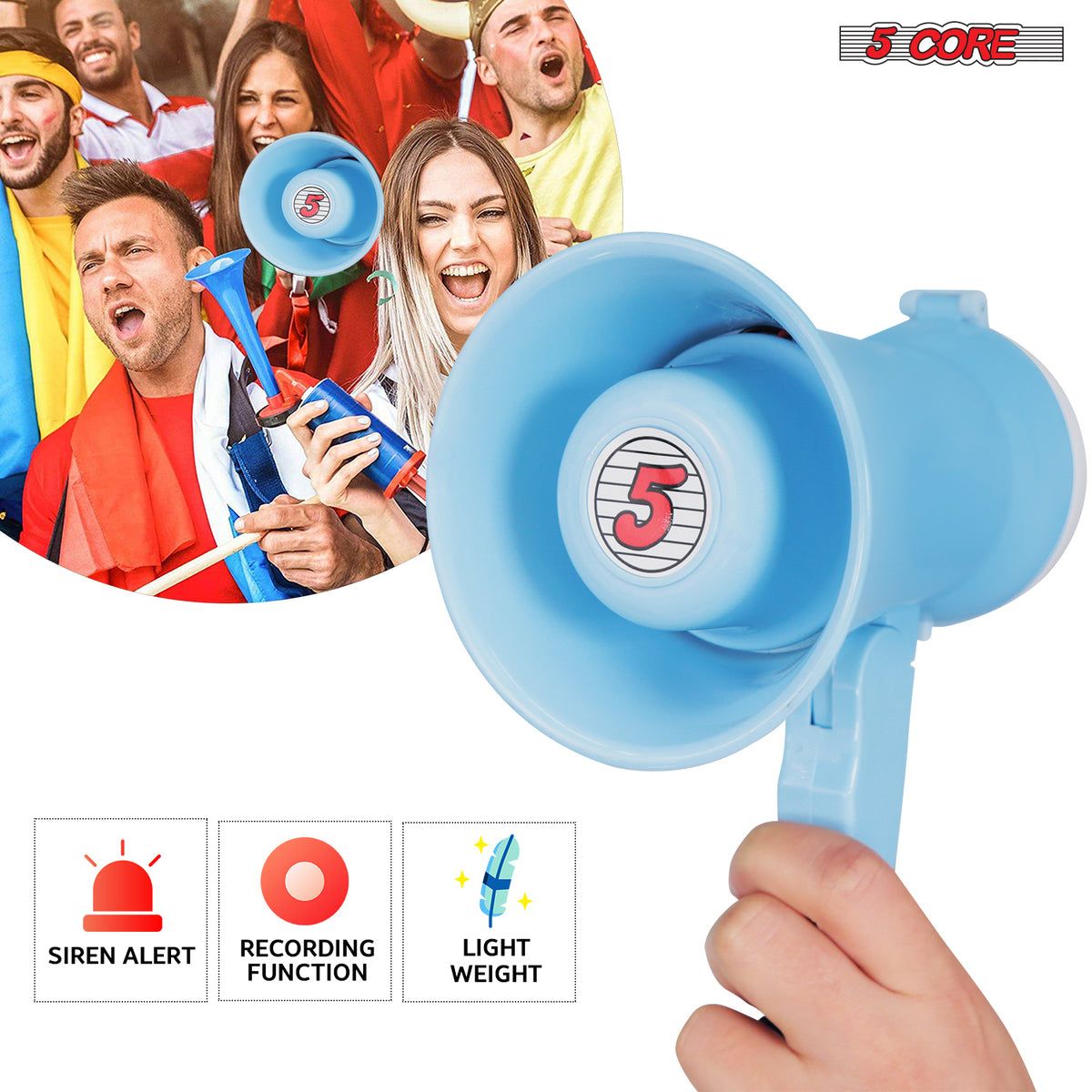 5Core Megaphone 15W Bull Horn Kids PA Speaker w 400 Yards Range Siren Lightweight Loud Mini Megafono