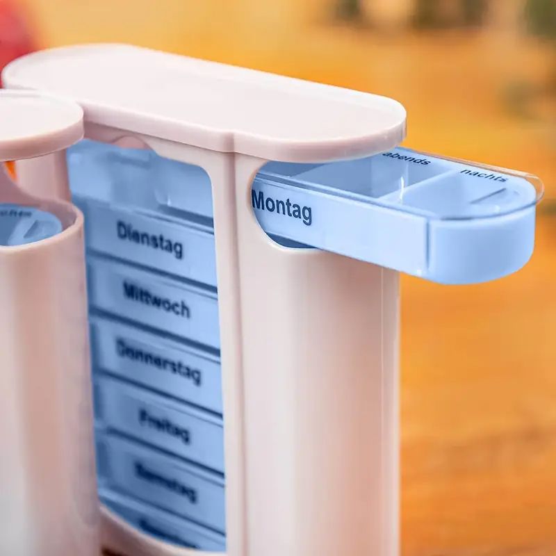 Weekly Pill Organizer with 28 Compartments - Detachable, Sealed Medicine Storage Box for Pills & Candy - White/Blue