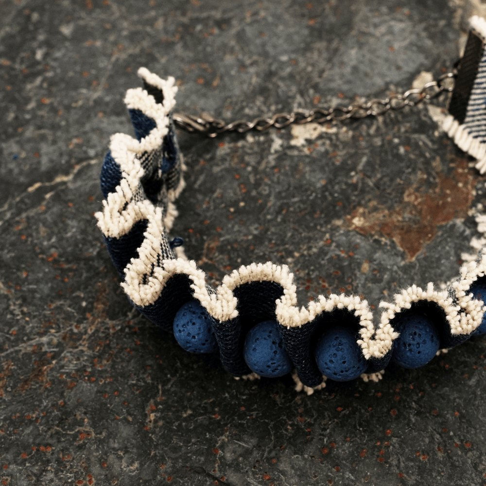 Handmade Bracelet, Denim Fabric and Blue Lava Stone Bracelet – 7.25″ (18.4 cm) with 1″ Wide Band and 10 mm Lava stone Beads