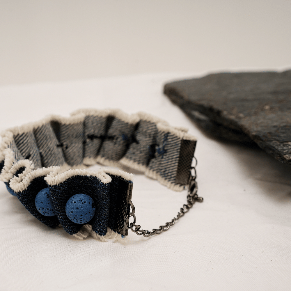 Handmade Bracelet, Denim Fabric and Blue Lava Stone Bracelet – 7.25″ (18.4 cm) with 1″ Wide Band and 10 mm Lava stone Beads