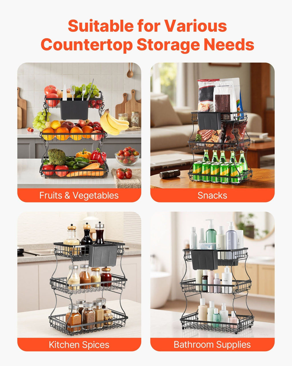 3 Tier Fruit Basket Bowl Kitchen Countertop Storage Stand Holder Banana Hanger