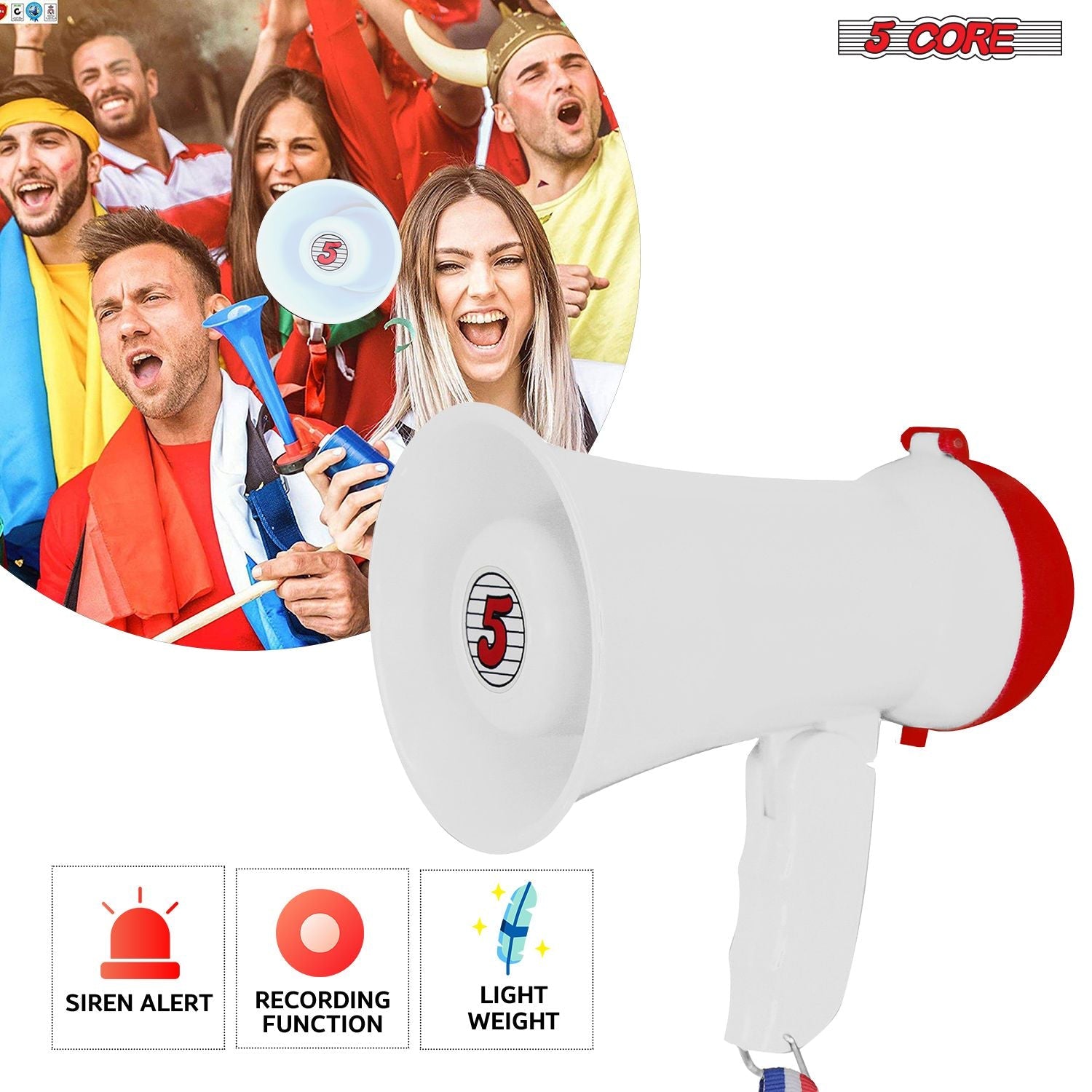 5Core Megaphone 15W Bull Horn Kids PA Speaker w 400 Yards Range Siren Lightweight Loud Mini Megafono