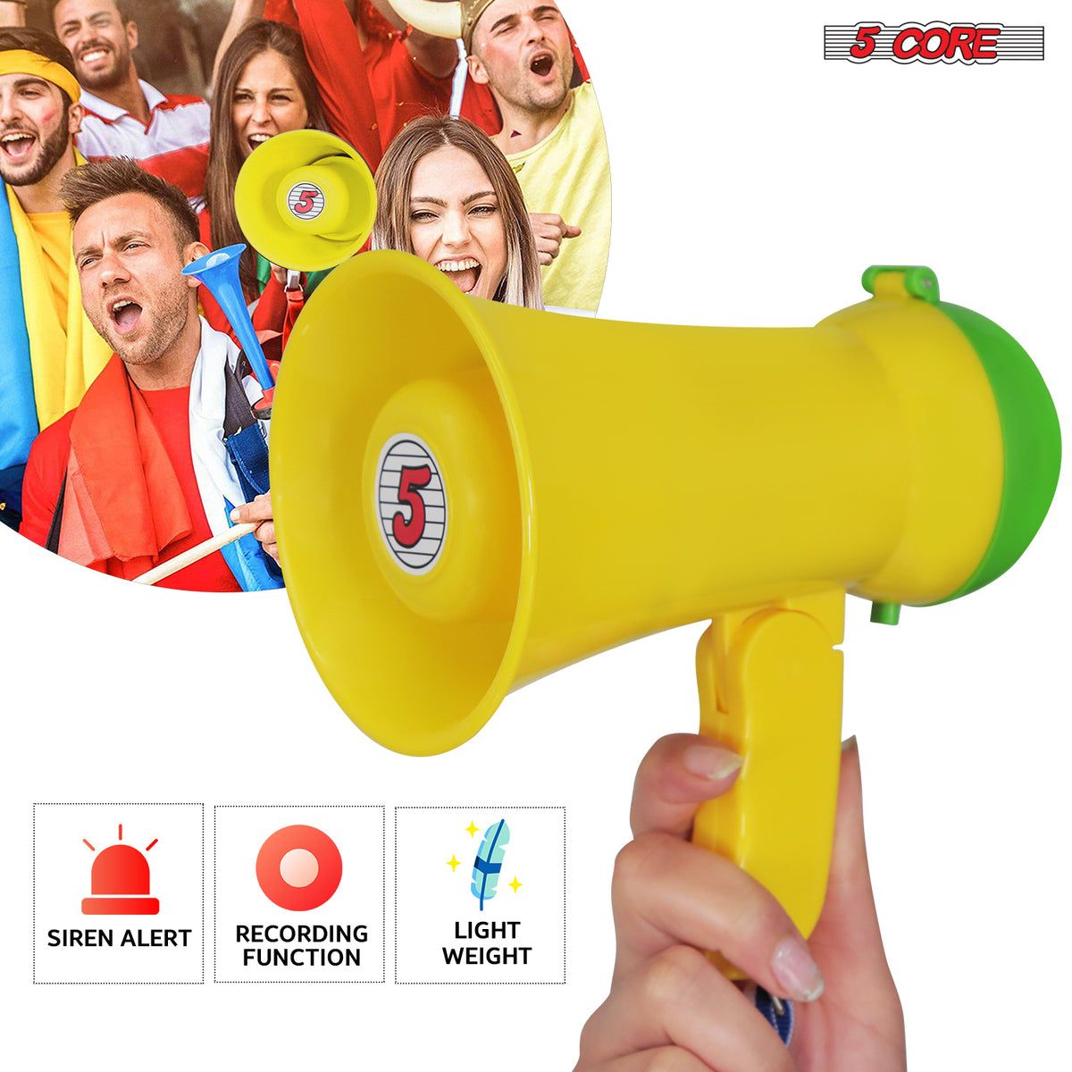 5Core Megaphone 15W Bull Horn Kids PA Speaker w 400 Yards Range Siren Lightweight Loud Mini Megafono