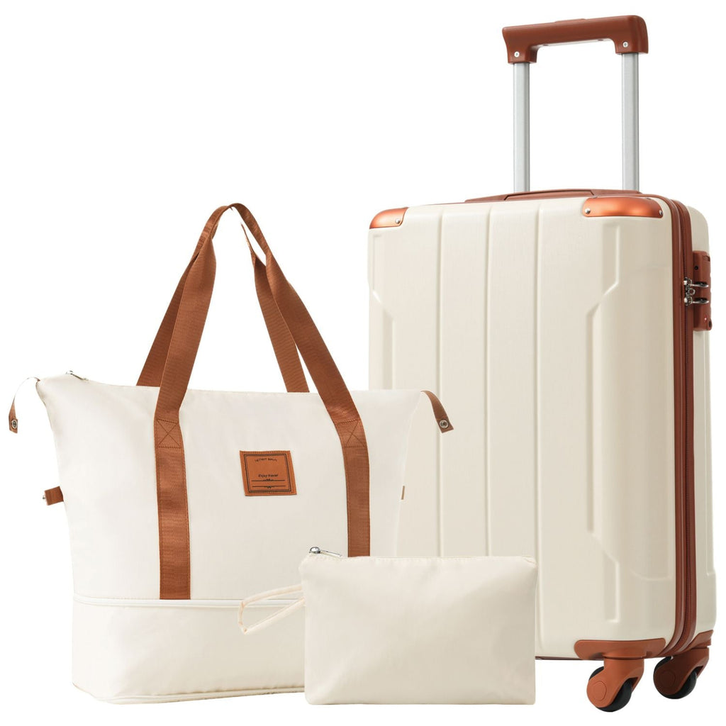 20 Inch Carry On Luggage Set 3 Piece with Spinner Wheels, Lightweight Hardshell ABS Suitcase for Weedend Getaways, Business Travel, White Brown
