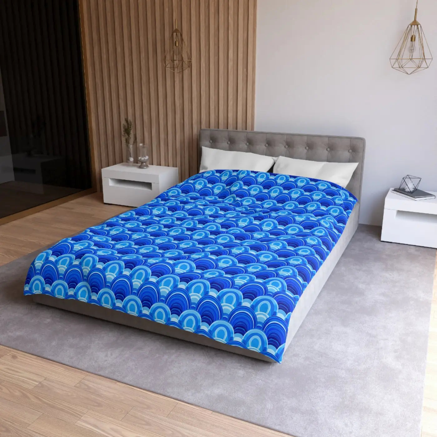 Blue Retro Wave Duvet Cover - Microfiber Fabric Pattern - DipaliZ