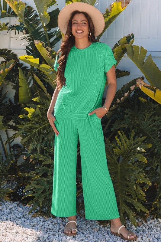 Solid Corded T-Shirt and Pants Set