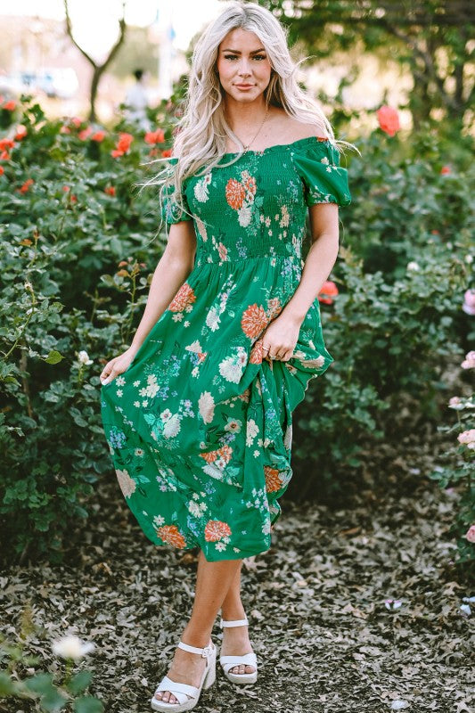 Kailany Floral Bubble Sleeve Smocked Tiered Midi D