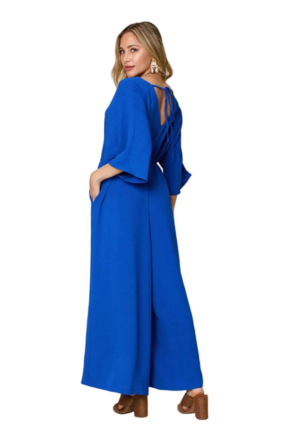 Garden Naked Womens Jumpsuit Elegant Kimono-Sleeve Jumpsuit With Pockets Royal Blue Soft Crepe Fabric Wide