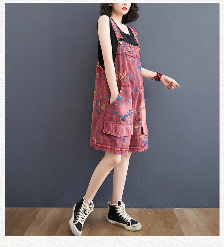 Retro Fashion Print Loose Denim Strap Shorts For Women