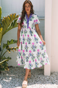 Julietta Floral Puff Short Sleeve V Neck High Waist Dress