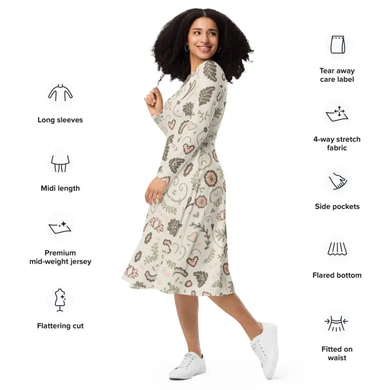 Nature Pattern Midi Dress - Long Sleeve Eco Floral - DipaliZ