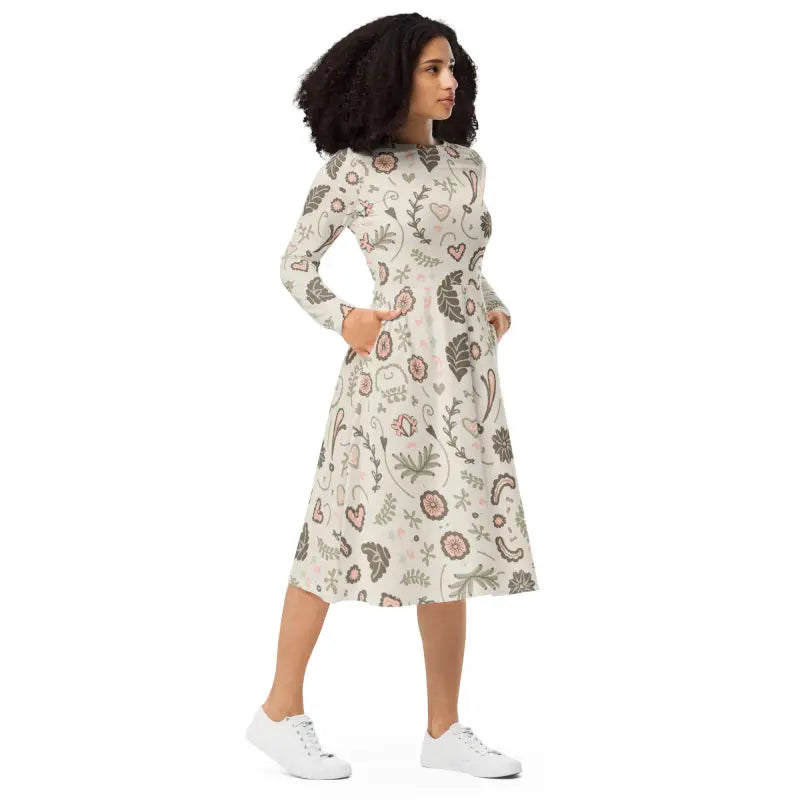 Nature Pattern Midi Dress - Long Sleeve Eco Floral - DipaliZ