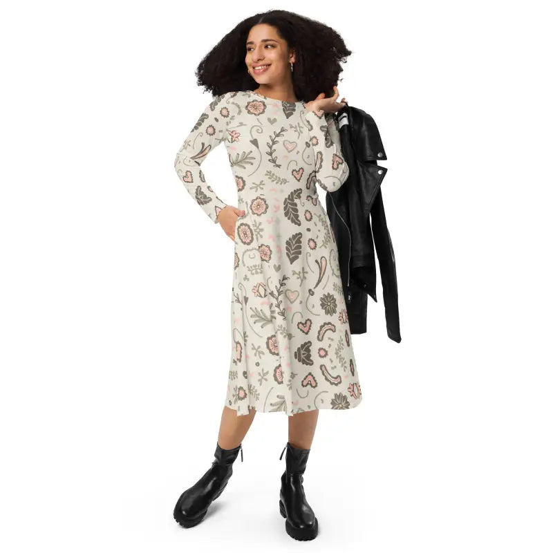 Nature Pattern Midi Dress - Long Sleeve Eco Floral - DipaliZ