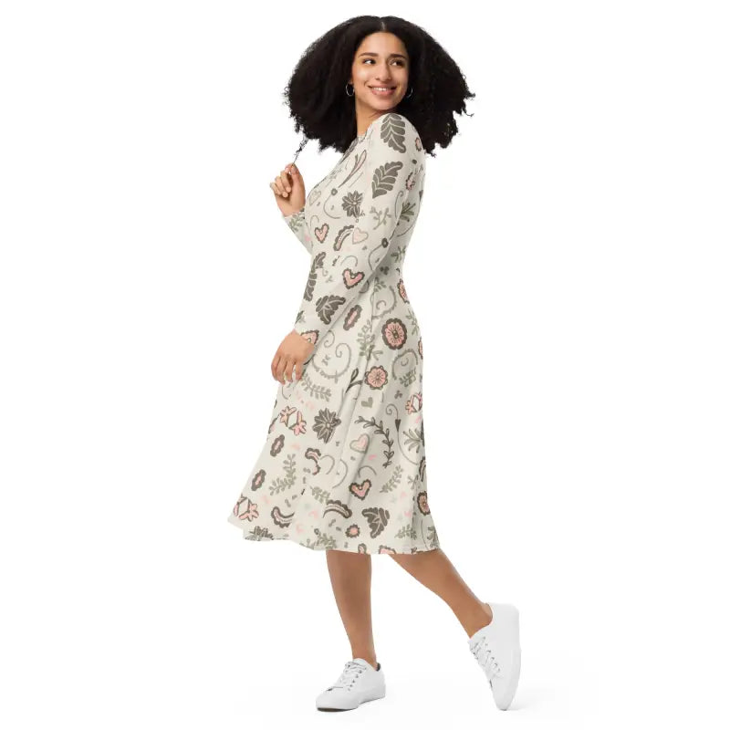 Nature Pattern Midi Dress - Long Sleeve Eco Floral - DipaliZ