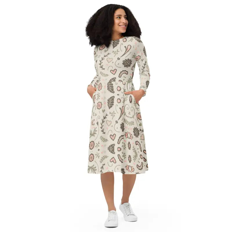 Nature Pattern Midi Dress - Long Sleeve Eco Floral - DipaliZ