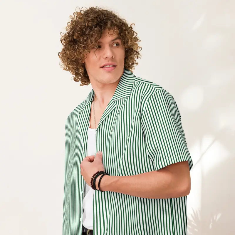 Eco-Friendly Unisex Button Shirt - Green Striped Summer Style - DipaliZ