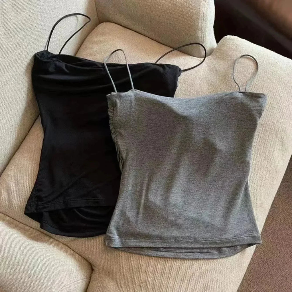 4 pc Women's Sleeveless Pleated Slim Fit Short Top With Thin Shoulder Straps Solid Color