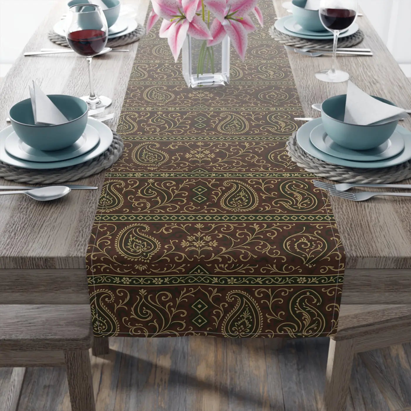 Elegant Paisley Table Runner - Festive Dining Cotton Twill - DipaliZ