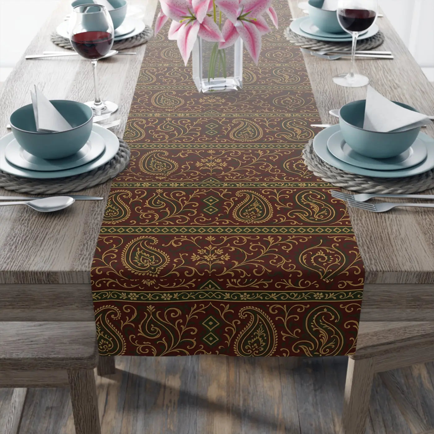 Elegant Paisley Table Runner - Festive Dining Cotton Twill - DipaliZ