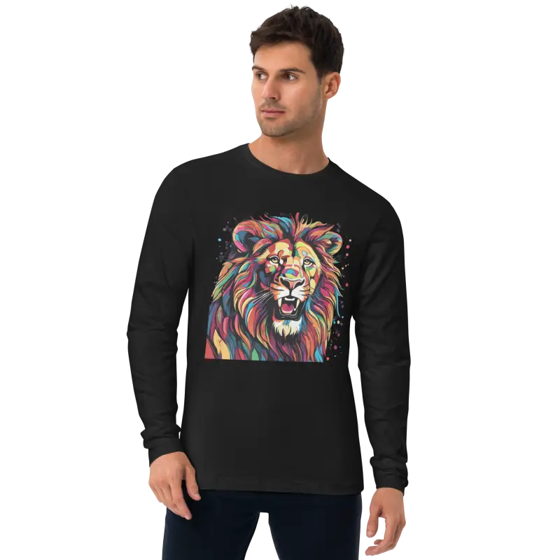 Men's Fitted Long Sleeve Shirt - Lion With Paint Splash - DipaliZ