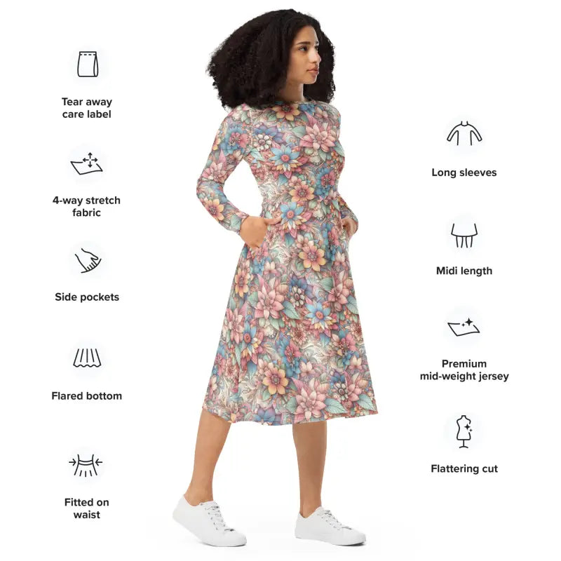 Floral Long Sleeve Midi Dress - Comfort Fit - DipaliZ