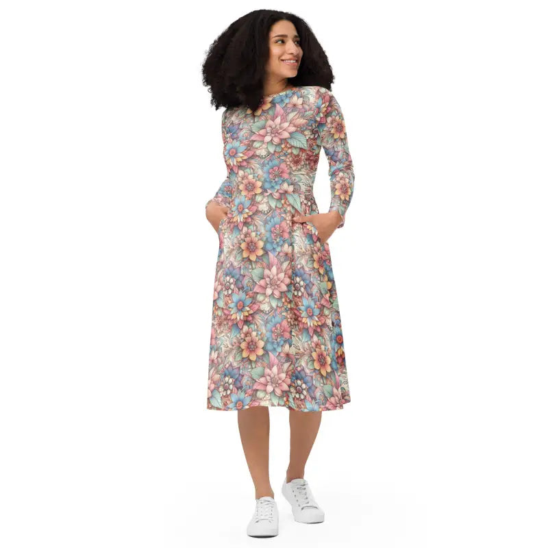 Floral Long Sleeve Midi Dress - Comfort Fit - DipaliZ