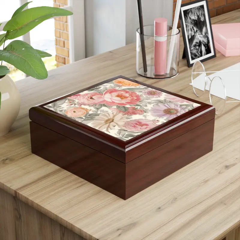 Peonies Pattern Jewelry Box - Glossy Ceramic Tile Design - DipaliZ