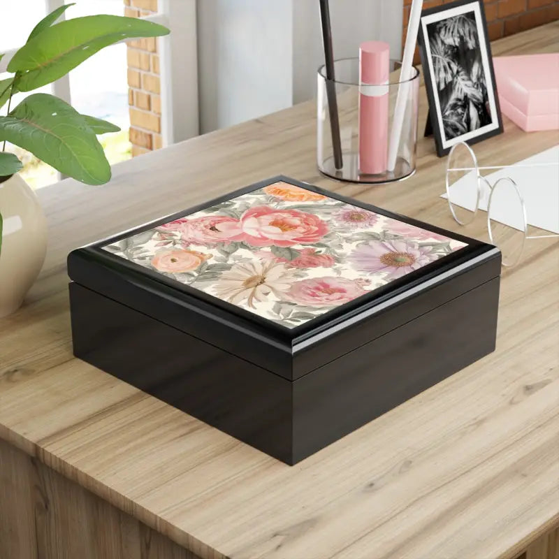 Peonies Pattern Jewelry Box - Glossy Ceramic Tile Design - DipaliZ