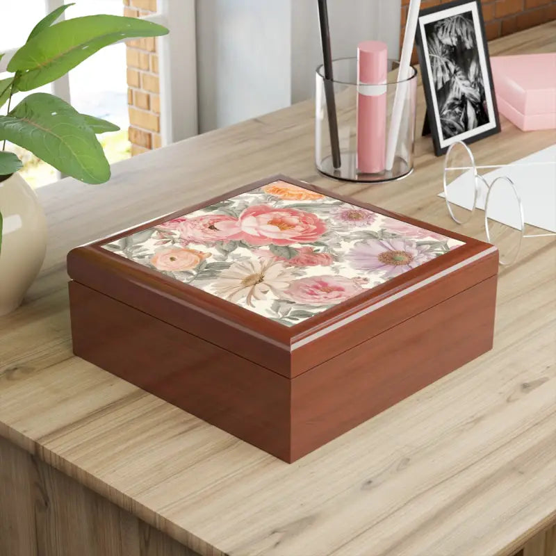 Peonies Pattern Jewelry Box - Glossy Ceramic Tile Design - DipaliZ